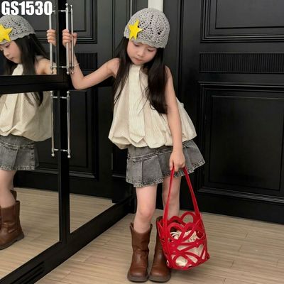Set Bé Gái Áo Yếm Halter Sọc Be Quần Short Jean Xám Cá Tính Mát Mẻ Đi Chơi Mùa Hè MINTSCLOSET GS1530