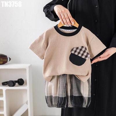 Set Bộ Quần Áo Bé Trai Áo Thun Đắp Nổi Hạt Dẻ Quần Dài Kẻ Caro Bo Gấu Hàn Quốc MINTSCLOSET TN3758