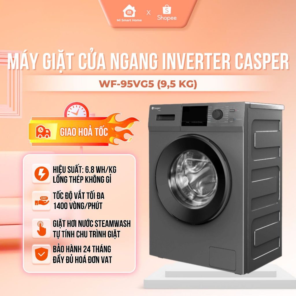 Máy giặt cửa ngang Casper WF-95VG5 (9,5 kg), WF-105VG5 (10,5 kg) Chính hãng, Bảo hành 2 năm (mi smar