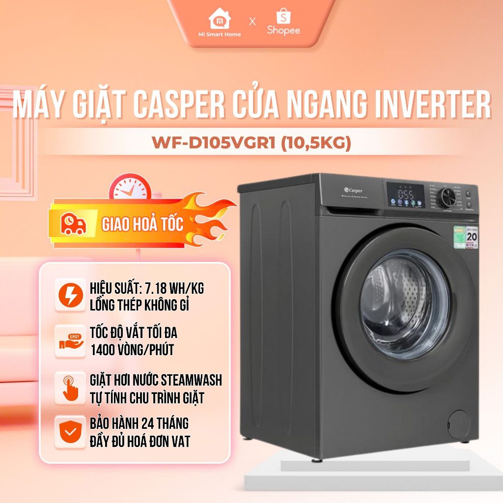 Máy giặt Casper ProWash Inverter WF-D105VGR1 (10,5kg), WF-D125VGR1 (12,5kg), Chính hãng, Bảo hành 2 