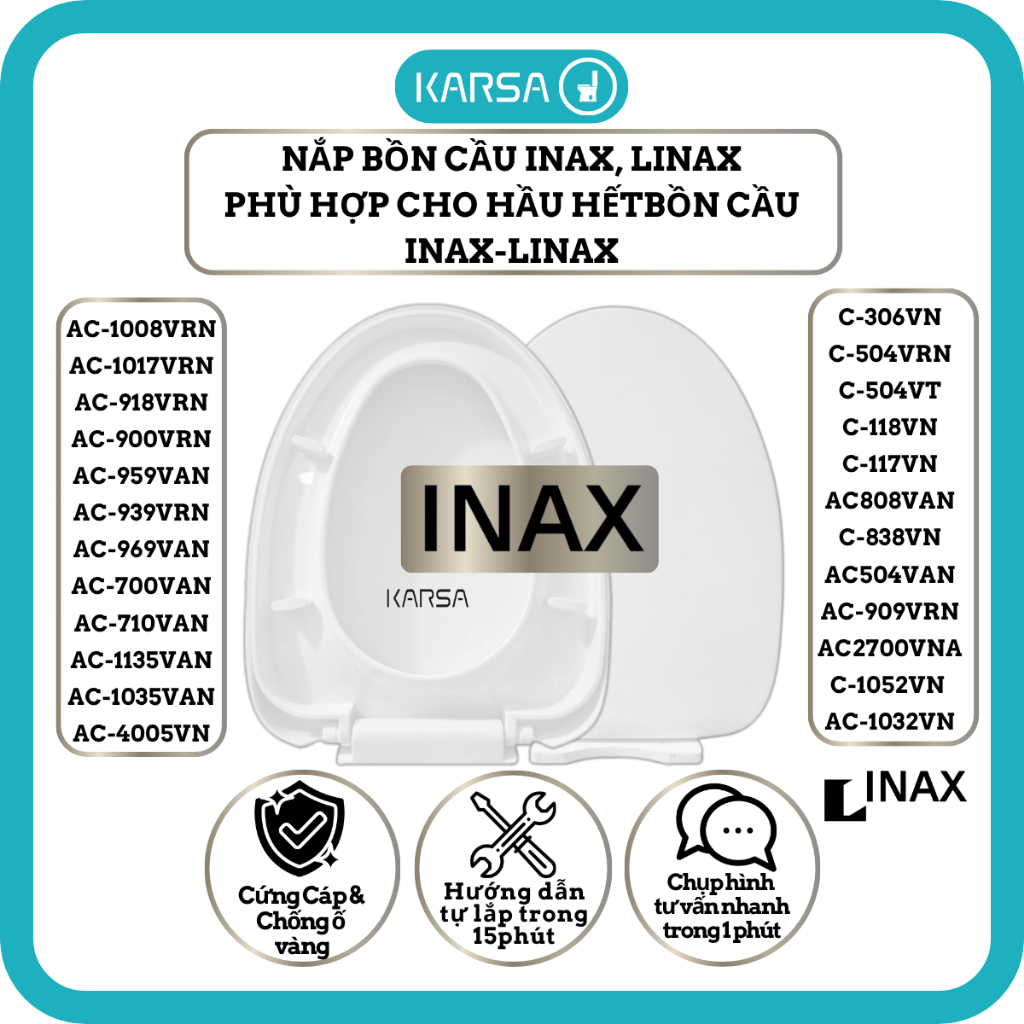 Nắp Bồn Cầu INAX thay thế chính hãng KARSA cao cấp cho bồn cầu AC504 AC909 AC959 Xtreme C702  AC808 
