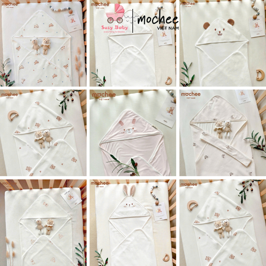 Mochee Ủ choàng, chăn ủ có mũ cho bé sơ sinh chất liệu Tencel, Cotton jacquard, Waffle, Muslin 85x85cm, Suzy baby