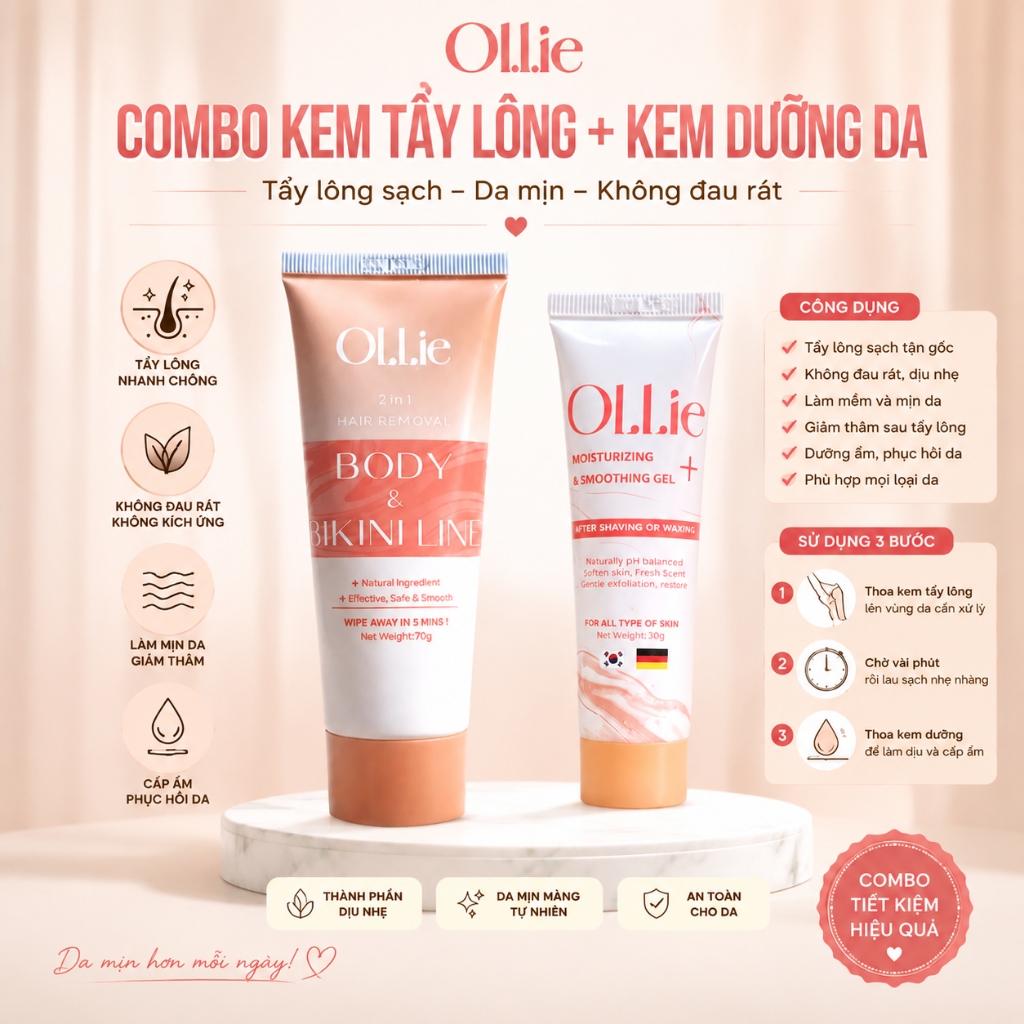 Combo kem tẩy lông và kem dưỡng Ollie tẩy vùng kín, nách, tay, chân , an toàn không đau rát,dưỡng da