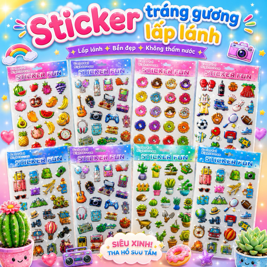 STICKER TRÁNG GƯƠNG LẤP LÁNH NHIỀU CHỦ ĐỀ xương rồng trà sữa donut văn phòng phẩm