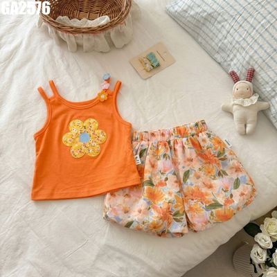 Set Đồ Bộ Bé Gái Áo Hai Dây Hoa Phối Quần Đùi Dáng Bí Họa Tiết Hoa Nhí Mùa Hè MINTSCLOSET GA2576