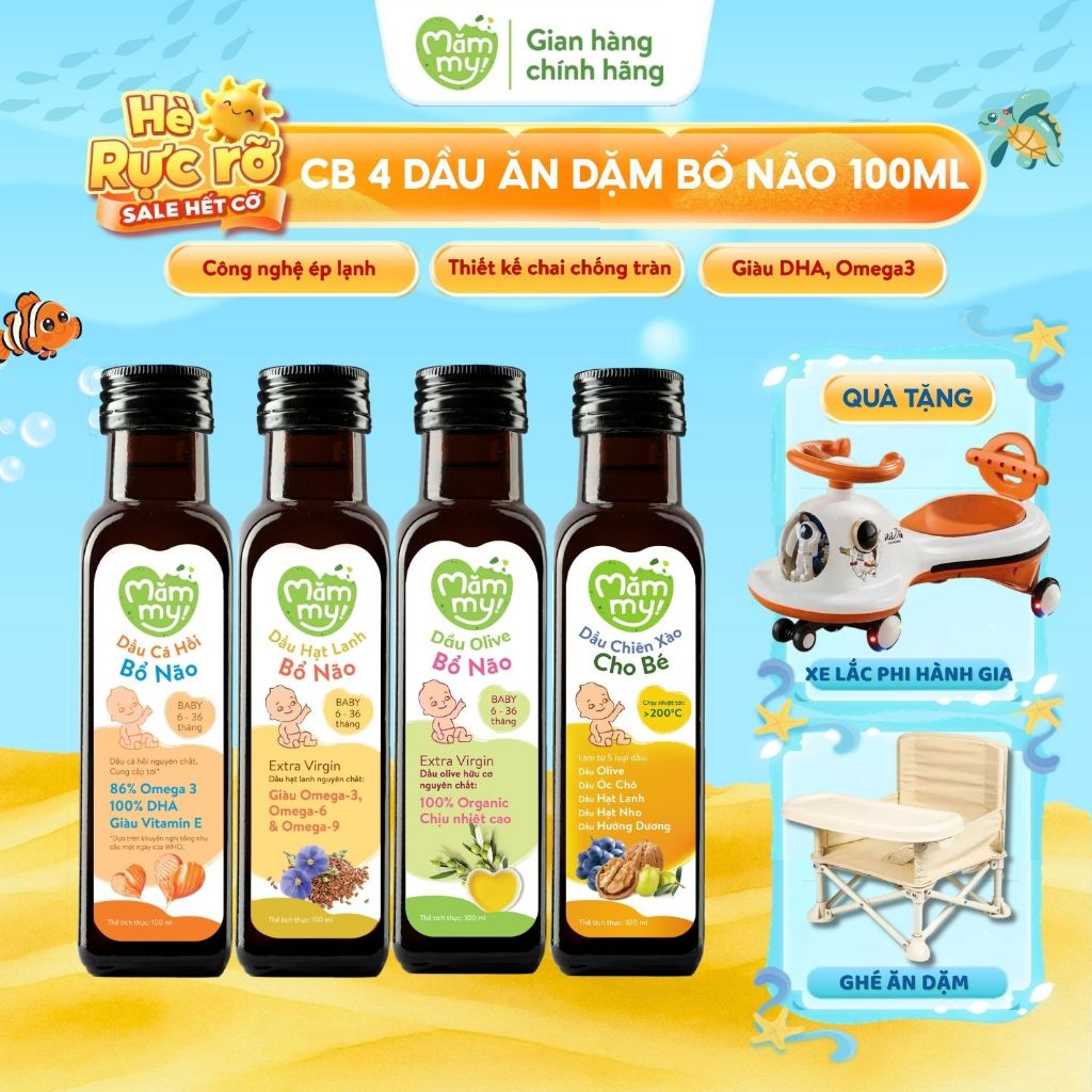Combo 4 Dầu Ăn Dặm Cho Bé 6 tháng dầu bổ não Mămmy Cá hồi, Hạt lanh, Olive, Chiên xào chai 100ML