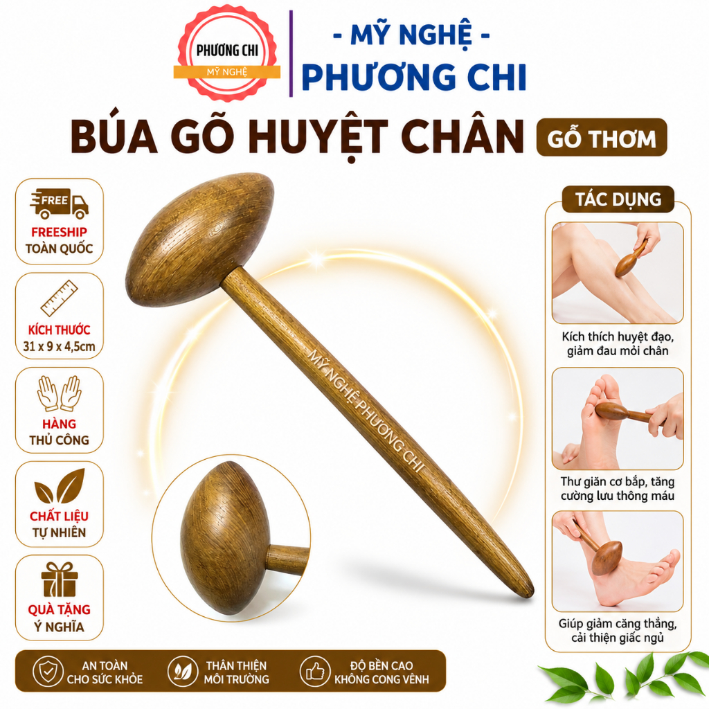 Búa gõ huyệt chân MB1, Cây bấm huyệt đạo mát xa chân tay lưng bằng gỗ thơm| Mỹ Nghệ Phương Chi