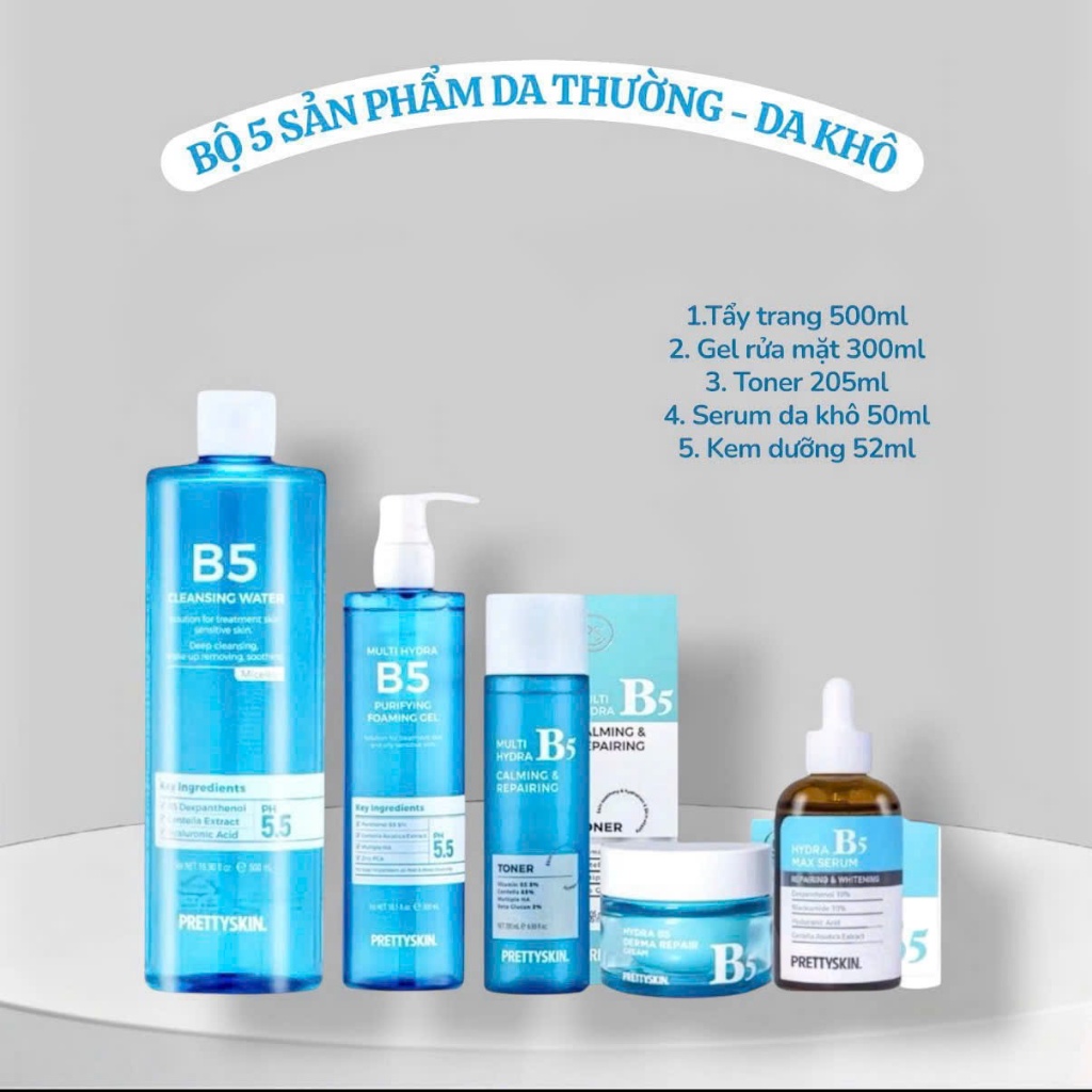 Combo phục hồi Hydra B5 Prettyskin gồm tẩy trang B5, toner B5, gel rửa mặt B5, kem dưỡng B5, serum d