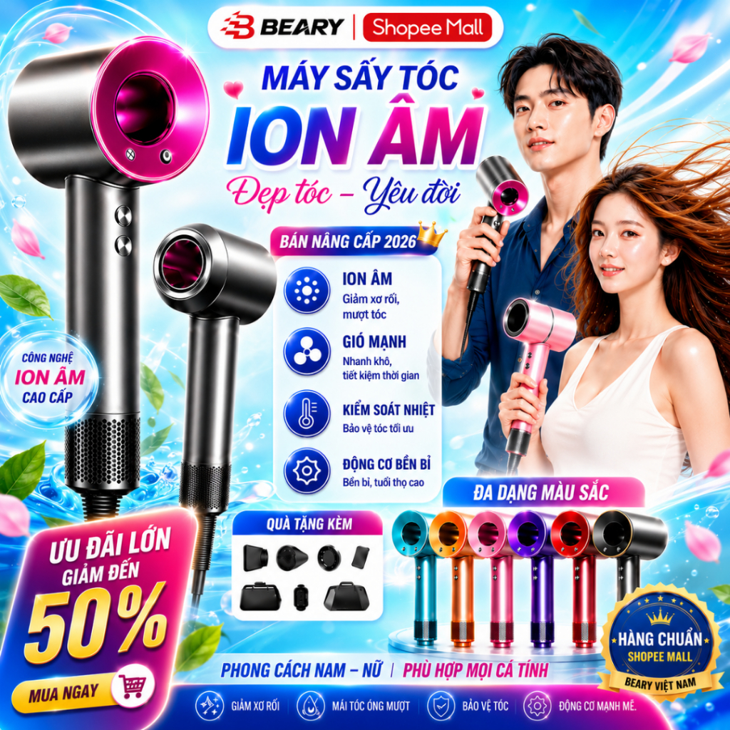Máy Sấy Tóc Ion Âm 5in1 METIS Không Cánh Quạt 3 Tốc Độ Công Suất 2200W 2 Chiều Tặng Kèm Đầu Sấy