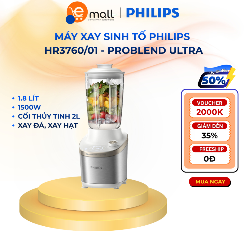 Cao Cấp | Máy Xay Sinh Tố Philips HR3760/01 ProBlend Ultra - Xay tốc độ cao, màn hình kỹ thuật số