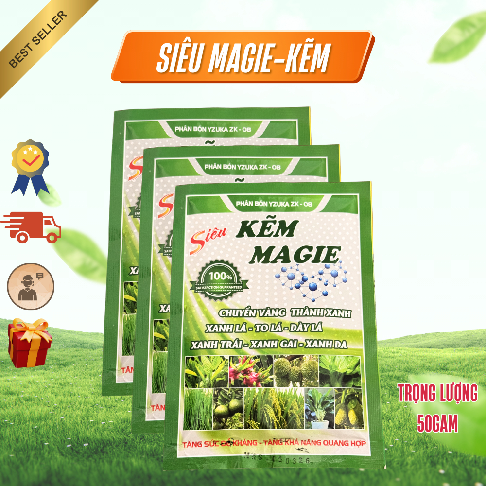 Phân Bón Siêu Kẽm Magie YZUKA 50g – Xanh Lá, Dày Lá, Khử Vàng Lá, Tăng Quang Hợp, Phục Hồi Cây Trồng