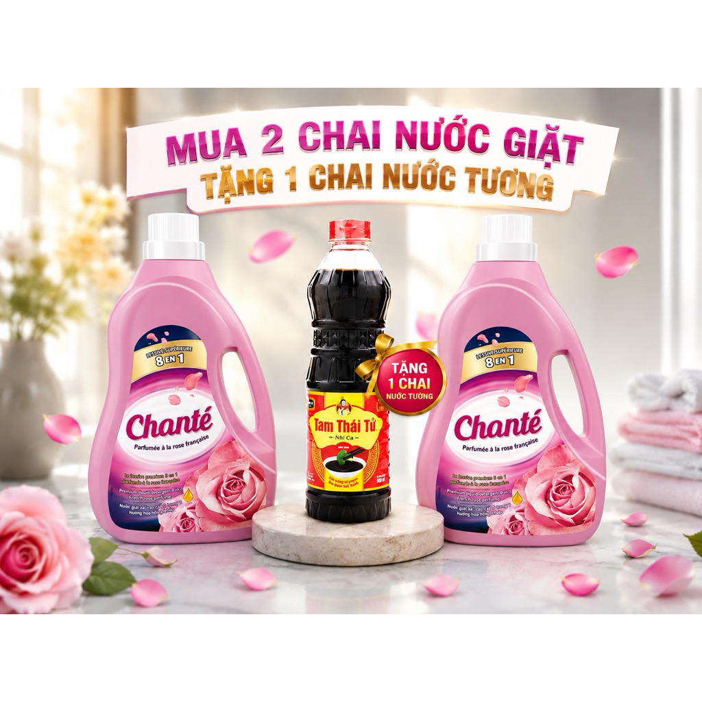 [MUA 2 CÓ QUÀ] NƯỚC GIẶT XẢ CHANTÉ CAO CẤP 8 TRONG 1 HƯƠNG HOA HỒNG PHÁP CHAI 3.1KG