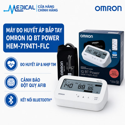 Máy đo huyết áp bắp tay Omron IQ BT Power Hem 7194T1 Flc Afib hỗ trợ đo huyết áp, cảnh báo đột quỵ