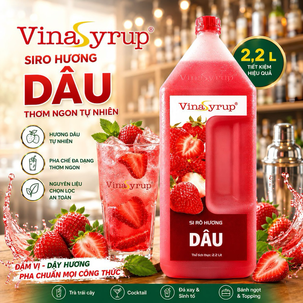 [Siro Can 2,2 Lít] VinaSyrup Dâu – Syrup Pha Chế Trà Sữa, Đá Xay, Trà Trái Cây, Mojito