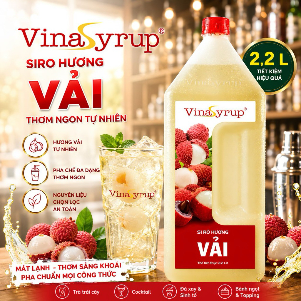 [Siro Can 2,2 Lít] VinaSyrup Vải – Syrup Pha Chế Trà Sữa, Trà Trái Cây, Mojito, Đá Xay,...