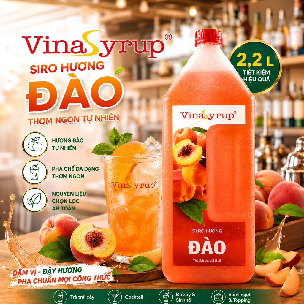 [Siro Can 2,2 Lít] VinaSyrup Đào – Syrup Pha Chế Trà Sữa, Trà Trái Cây, Mojito, Đá Xay,...