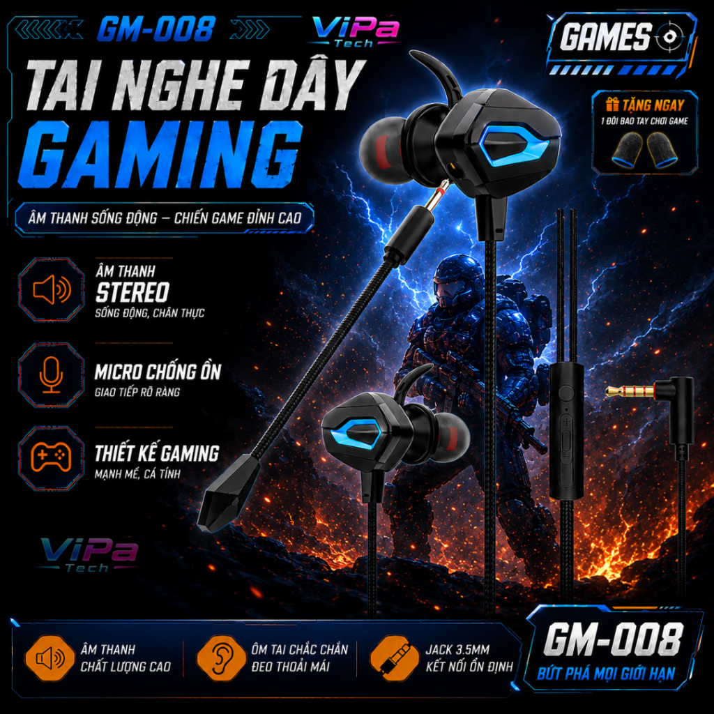 Tai Nghe Có Dây Gaming GM008 Jack 3.5mm Có Mic Tháo Rời Mic Chống Ồn Chơi Game PUBG Free Fire