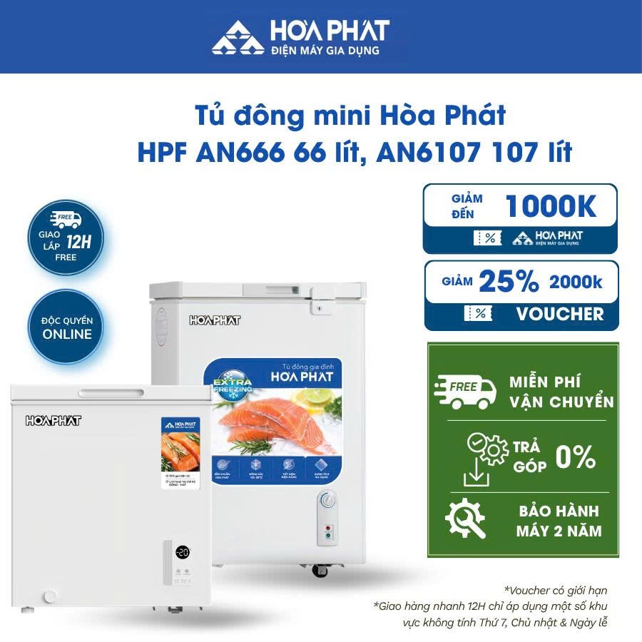 Tủ đông mini Hòa Phát HPF AN666 66 lít /AN6107 107 lít - công nghệ Extra Freezing đông nhanh tới -32