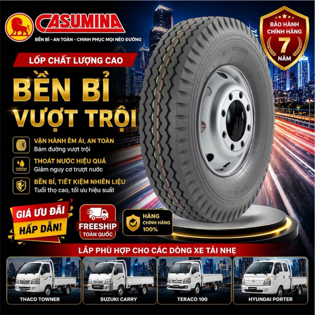 Lốp xe tải 600-14 Casumina -14Pr 405H(Gai dọc). Lắp cho xe tải nhẹ Bảo hành chính hãng Casumina.