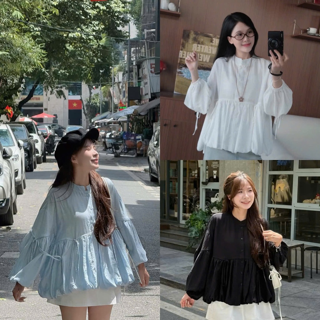 Áo đũi phồng babydoll dây nơ tay dài cài cúc Nữ the.sweaterweather TSW