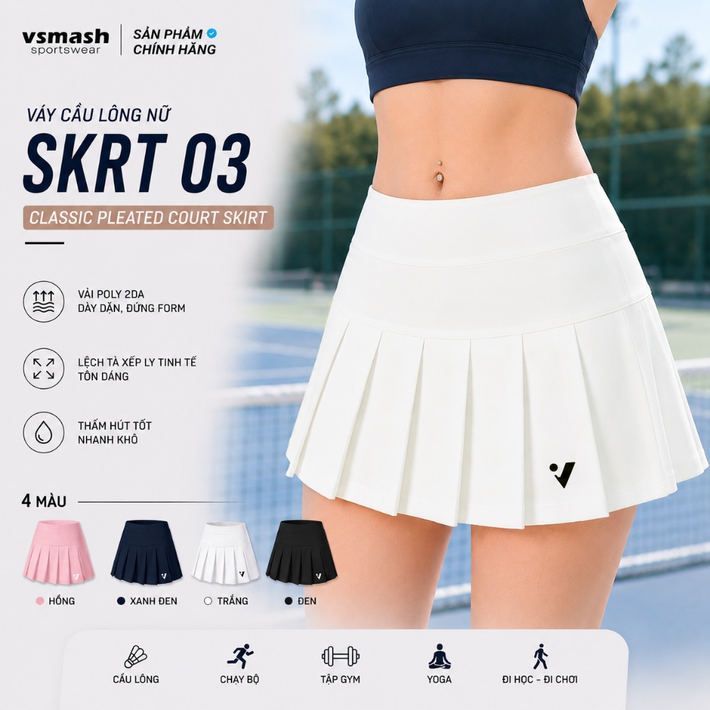Váy Cầu Lông Vsmash Sportwear “SKRT 03” – Váy Thể Thao Form Xòe Xếp Ly Lót 2 Lớp, Umi 4 Chiều Cao Cấ