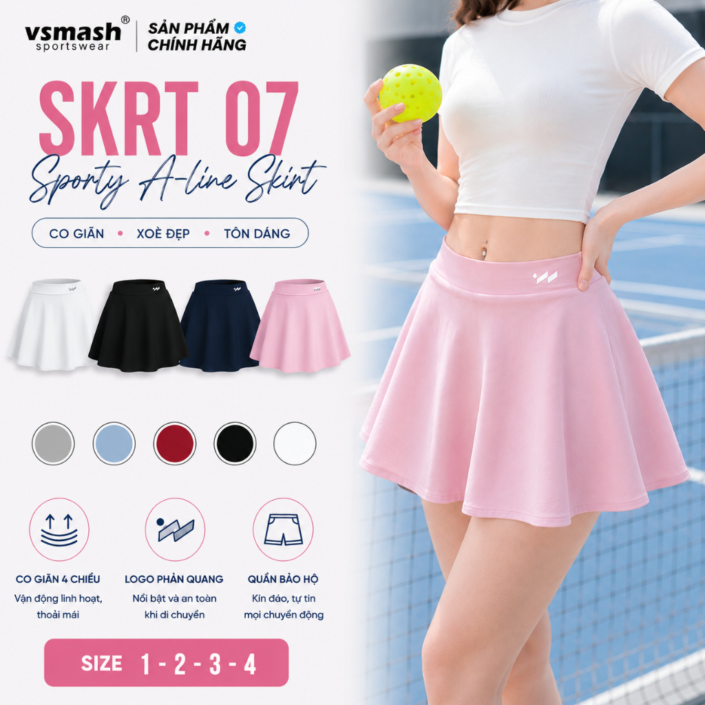 Váy Cầu Lông Vsmash Sportwear “SKRT 07 PURE ACE" Form xòe 2 Lớp Chất poly cao cấp, Mềm Mại, Co Giãn 