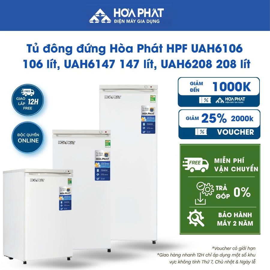 Tủ đông đứng Hòa Phát HPF UAH6106 106 lít/UAH6147 147 lít/UAH6208 208 lít - BH chính hãng 24 tháng