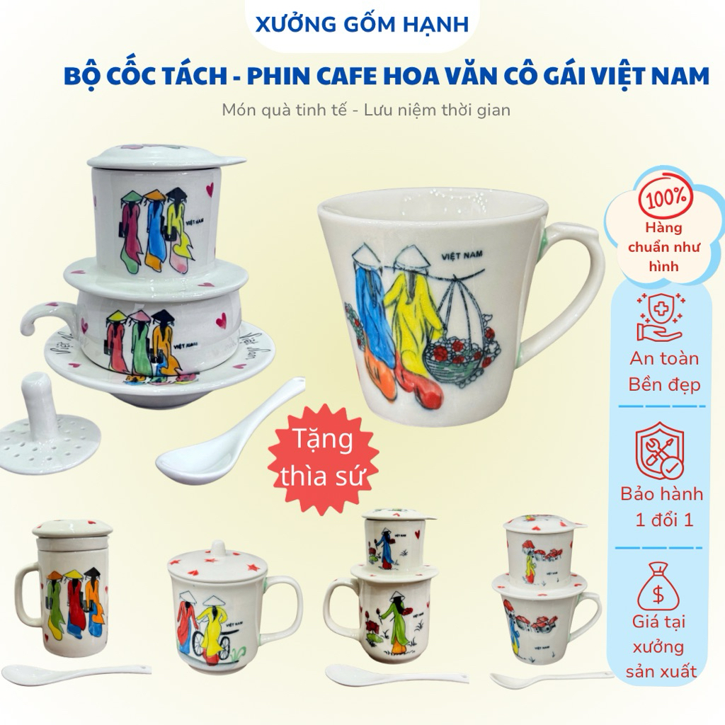 Bộ Cốc Tách - Phin Cafe Hoa Văn Cô Gái Việt Nam | Gốm Sứ Bát Tràng -Cốc Uống Trà Có Nắp |Quà Tặng Lư