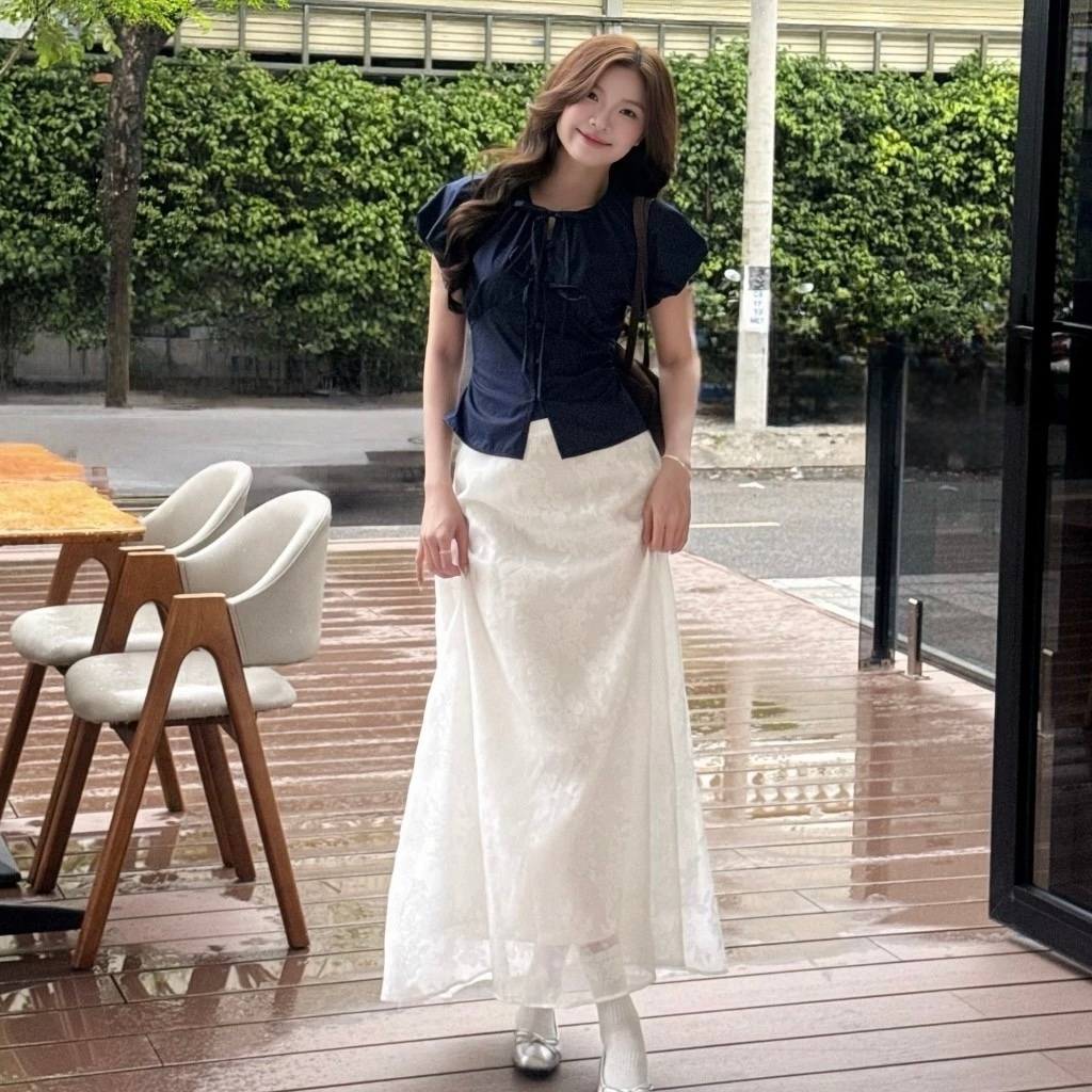 Chân váy midi dáng dài chất ren cạp chun sau có lớp lót trong {CHẤT MỎNG HÈ }, CHÂN VÁY ĐI BIỂN SIÊU