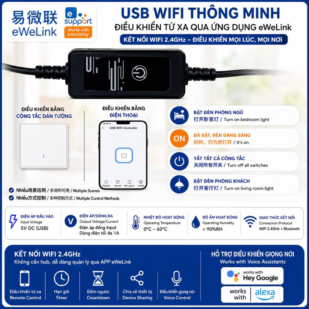 eWeLink - Bộ Điều Khiển USB WiFi eWeLink 5V 1A – Công Tắc USB Thông Minh Điều Khiển Từ Xa Qua App, H