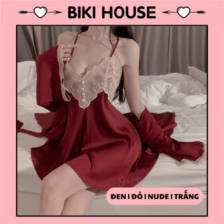 Váy ngủ lụa sexy phối ren hoa gợi cảm tinh tế đầm thức 2 dây chéo lưng tặng chip quyến rũ sang trọng BIKI HOUSE N136