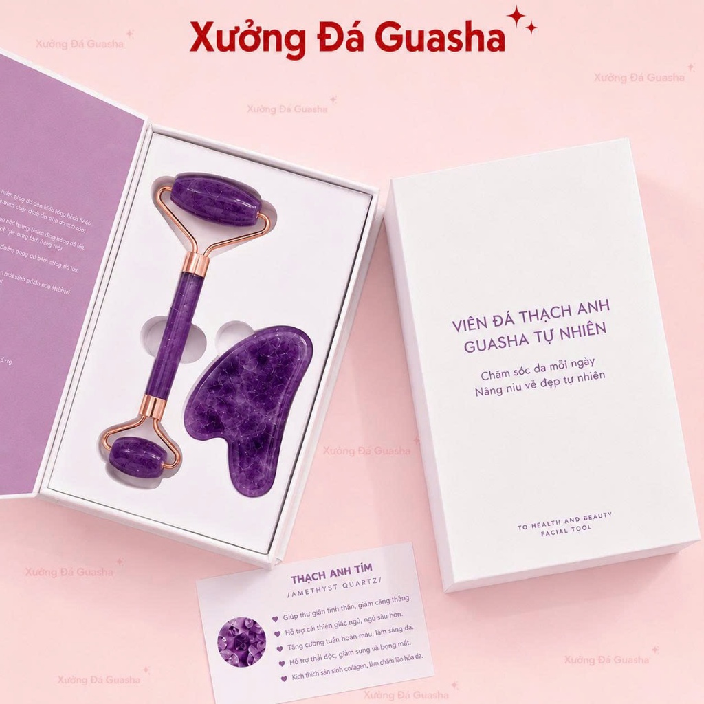 Bộ Đá Guasha Thạch Anh Tím Hàng Hiếm Từ Đá Tự Nhiên Giúp Nâng Cơ Săn Chắc Da Giảm Mệt Mỏi Stress - G
