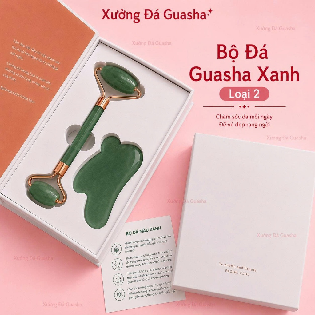 Bộ Đá Guasha Massage Mặt Giảm Nếp Nhăn + Cây Lăn Massage Nâng Cơ Bằng Đá Tự Nhiên- Bộ Đá Guasha Thư 