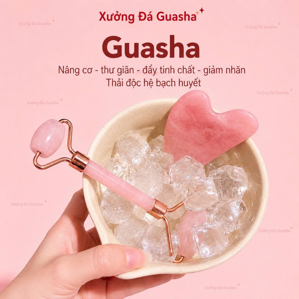 Bộ Đá Guasha Bằng Đá Tự Nhiên Màu Xanh Ngọc Bích Kèm Cây Lăn Đá Tự Nhiên Cùng Màu Giúp Nâng Cơ Da - 