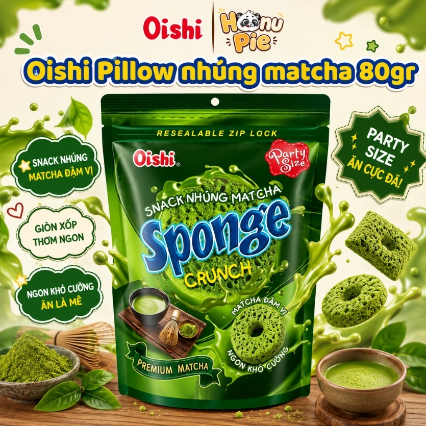 [Hàng sẵn - Hỏa tốc] Oishi Pillow Vị Matcha 80g - Túi zip – Ăn Vặt Giòn Tan – Snack Ngon Giá Rẻ