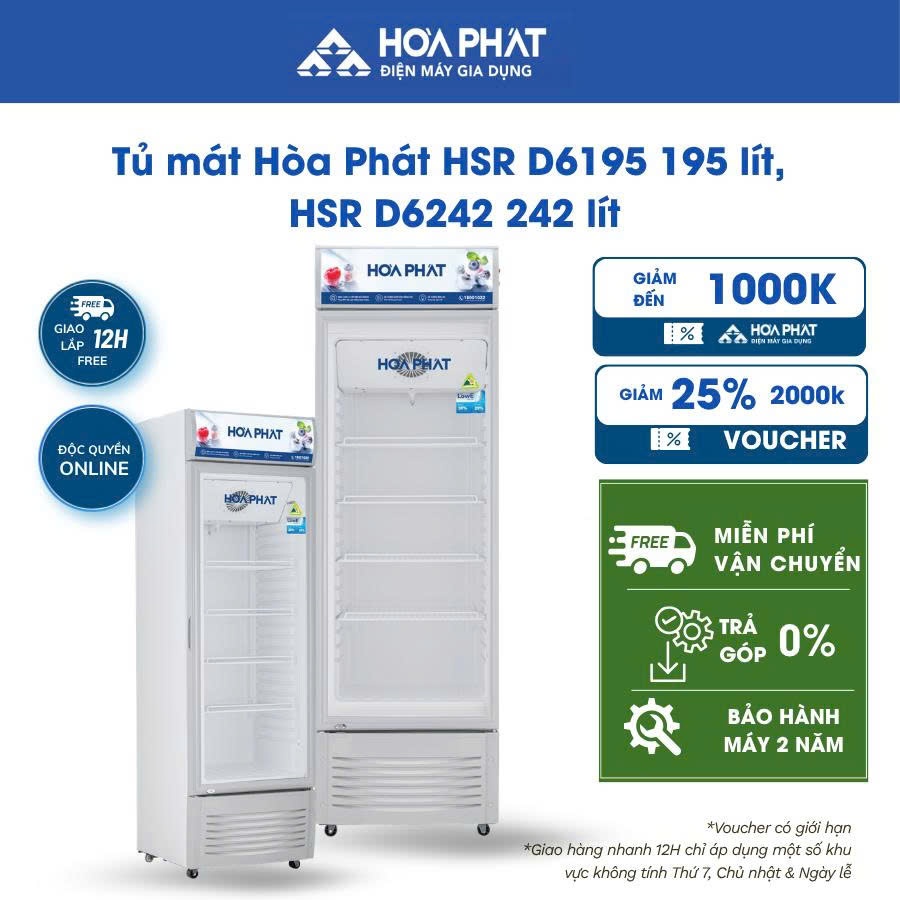 Tủ mát Hòa Phát HSR D6195 195 lít. HSR D6242 242 lít. BH chính hãng 24 tháng