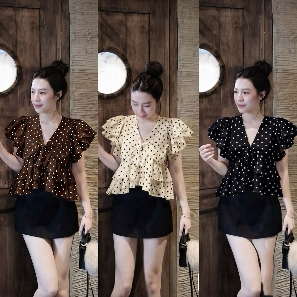 [BÈO BÉO BIGSIZE ] ÁO KIỂU BABYDOLL PEPLUM CHẤM BI TAY HẾN FORM BIGSIZE 60-120KG A026