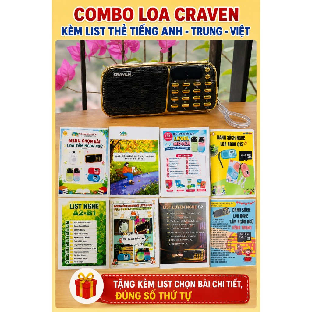 Combo Loa Đài Craven 3 Pin + Thẻ nhớ Anh Trung Việt các cấp độ tặng kèm list chọn bài chi tiết