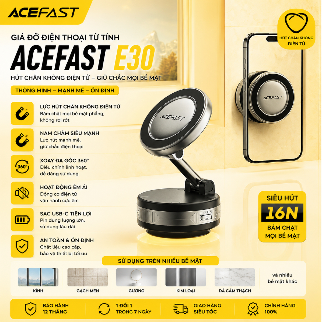 Giá Đỡ Điện Thoại ACEFAST E30 – Hút Chân Không & Nam Châm N52, Xoay 360°