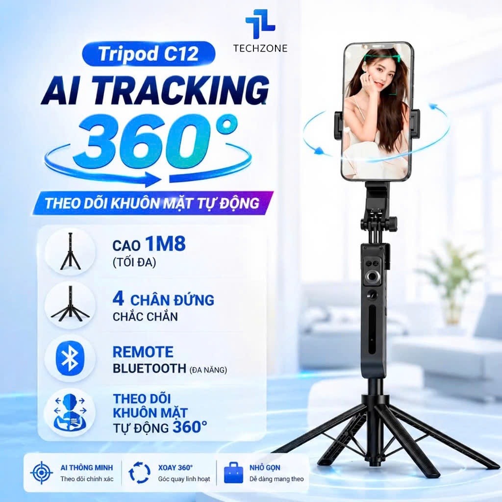 Gậy Chụp Ảnh 4 Chân C12 AI TRACKING - Tích Hợp Gimbal AI, Tripod Xoay 360° Tự Động Thông Minh SP99