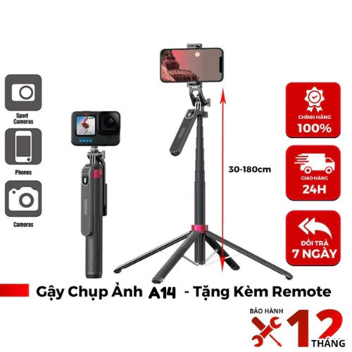 (Tặng Remote) Gậy chụp ảnh Selfie 4 chân A14 1M8 điều khiển từ xa có phân loại đèn trợ sáng Tripod chụp ảnh