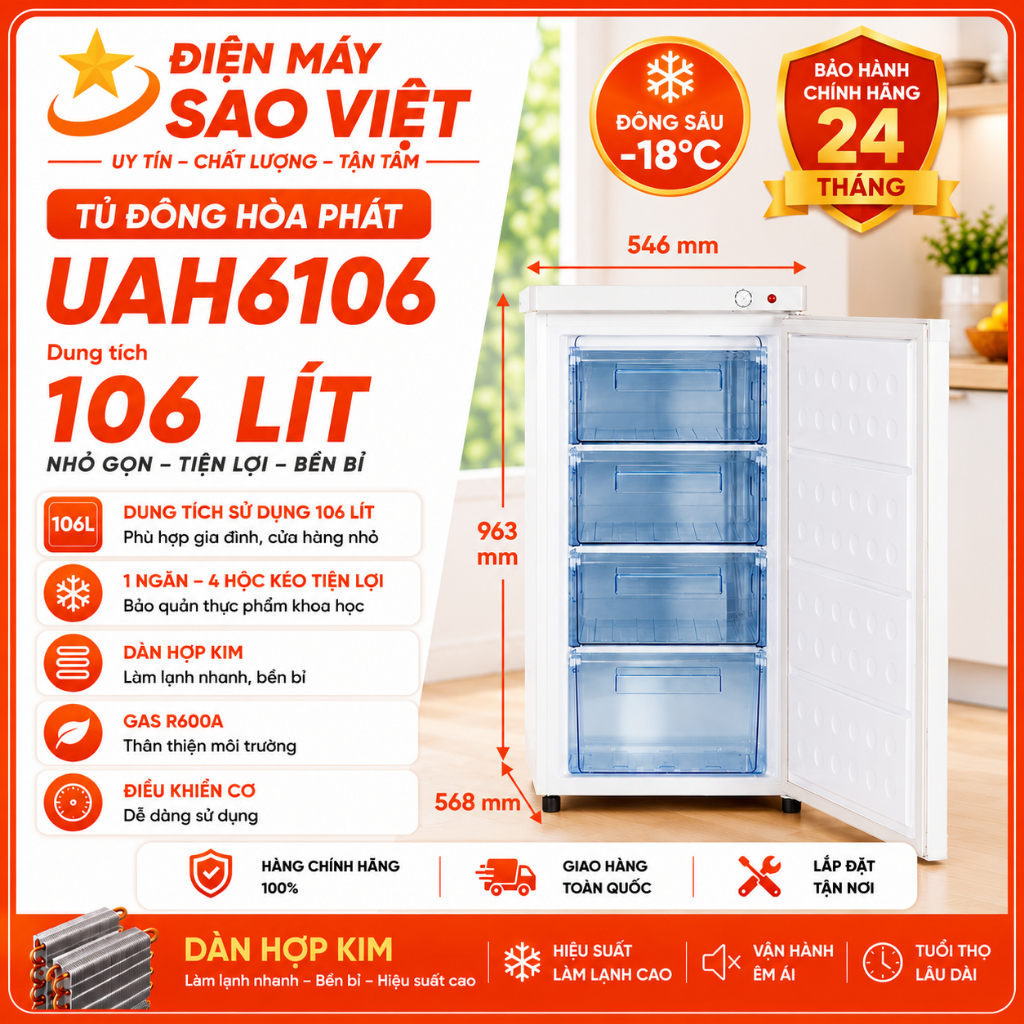 Tủ đông Hoà Phát mini HPF UAH6106 106 lít Bảo hành 24 tháng