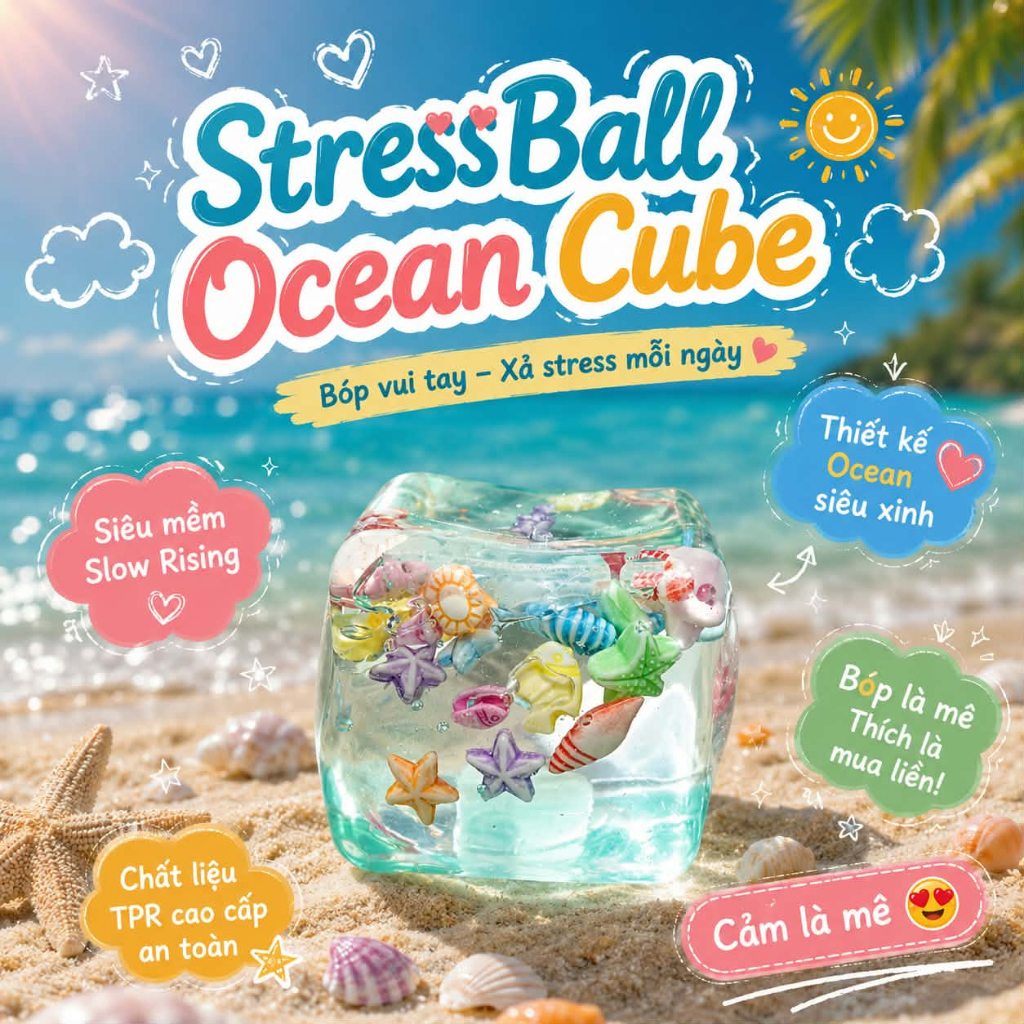 StressBall Ocean Cube Trong Suốt – Đồ Chơi Bóp Tay Xả Stress Slow Rising