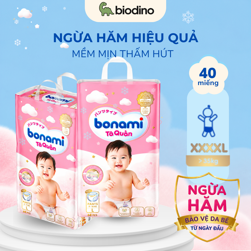 Tã/Bỉm quần Bonami size dưới 35kg-Chính hãng An toàn cho bé-Siêu thấm hút,ngừa hăm,đạt chuẩn GMP-WHO