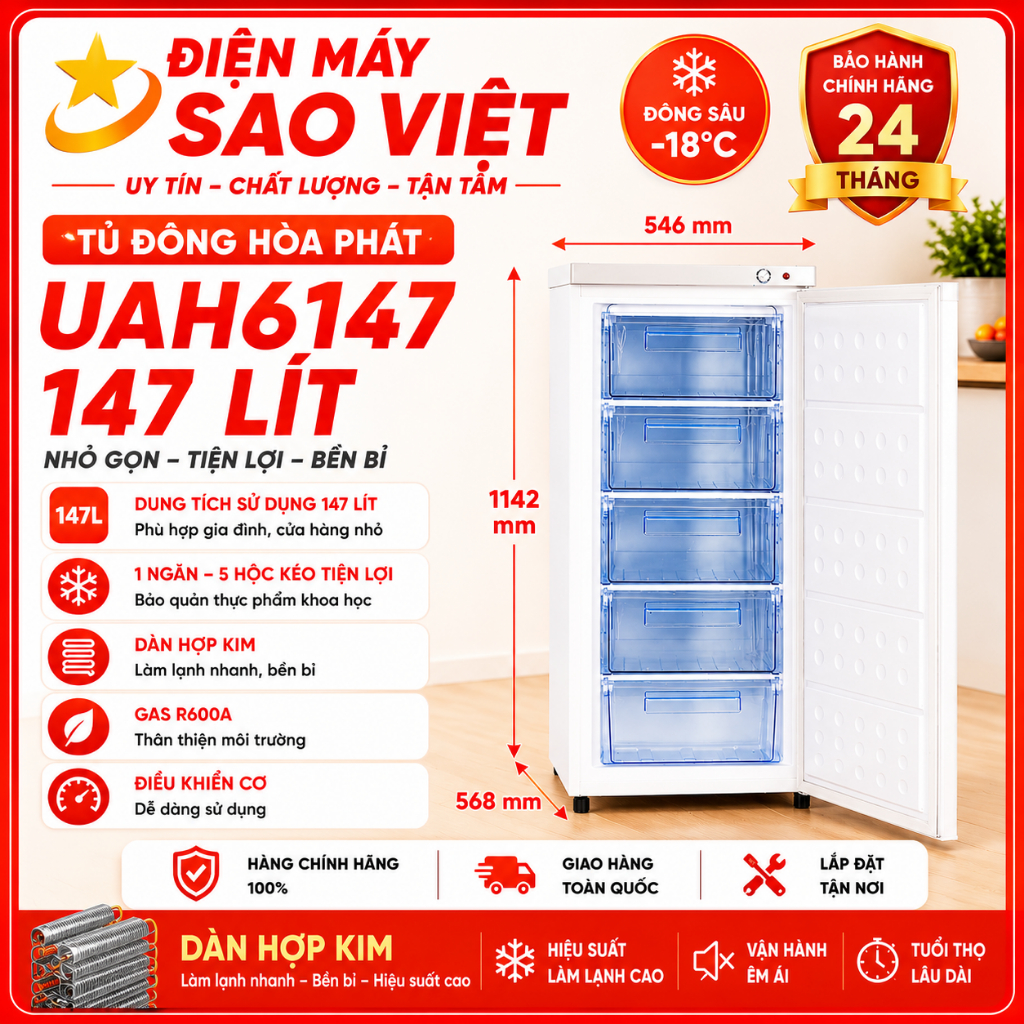Tủ đông đứng Hòa Phát HPF UAH6147 147 lít Hàng chính hãng, bảo hành 24 tháng