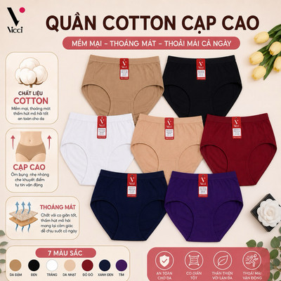 Set 5 quần lót nữ Vicci cotton cao cấp lưng cao gen nhẹ 105 mềm mại, êm ái, kháng khuẩn khử mùi