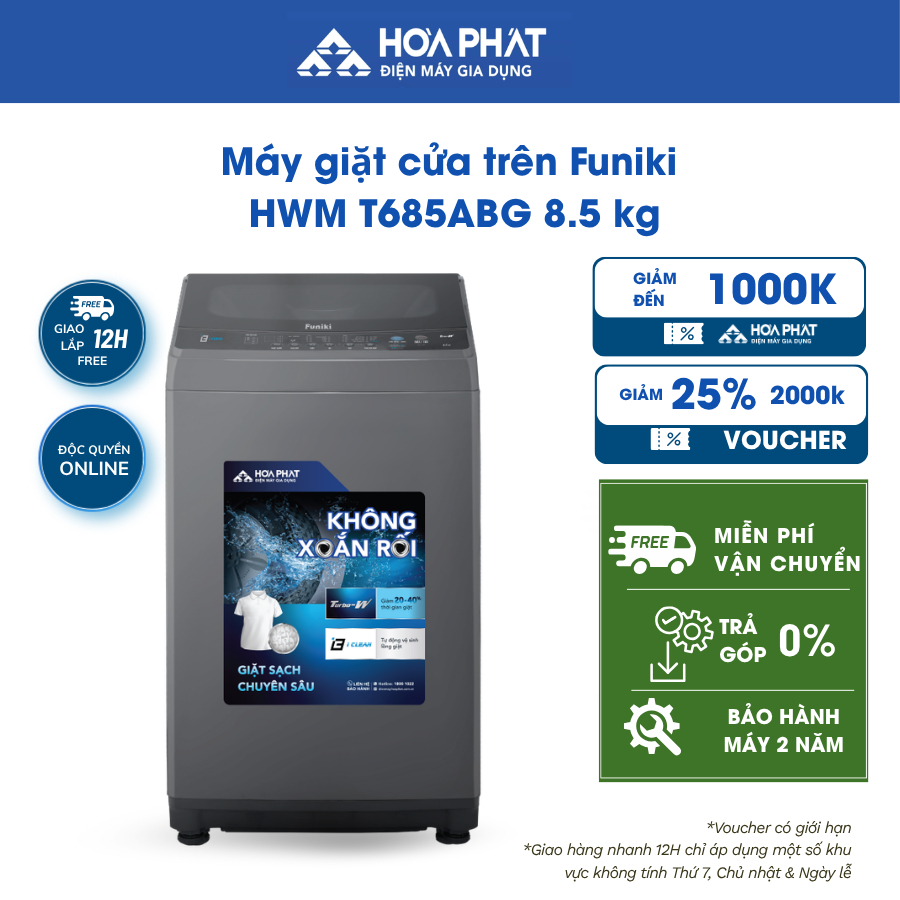 Máy giặt cửa trên Funiki HWM T685ABG 8.5 kg - BH 24 tháng