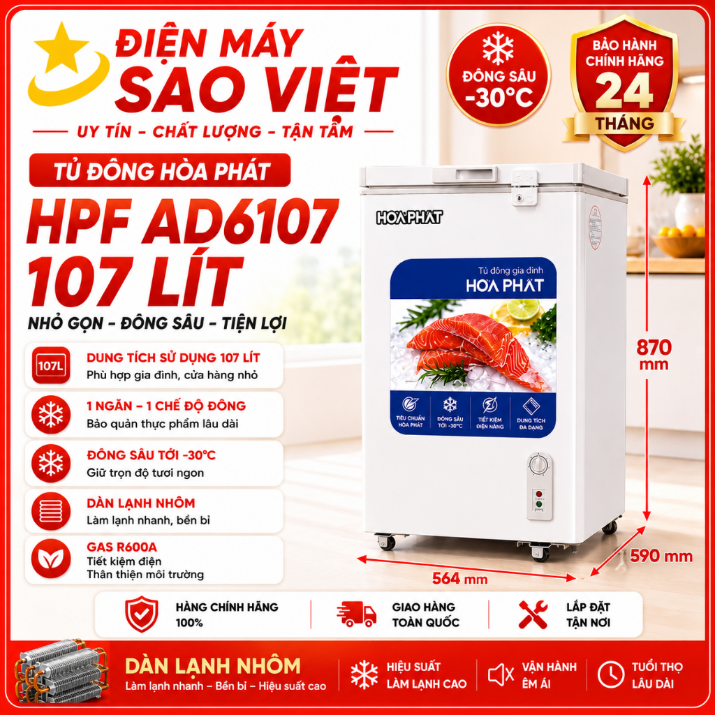 Tủ đông Hòa Phát HPF AD6107 - 107 lít. Điều chỉnh nhiệt độ bên ngoài tủ - Khóa an toàn, BH 24 tháng