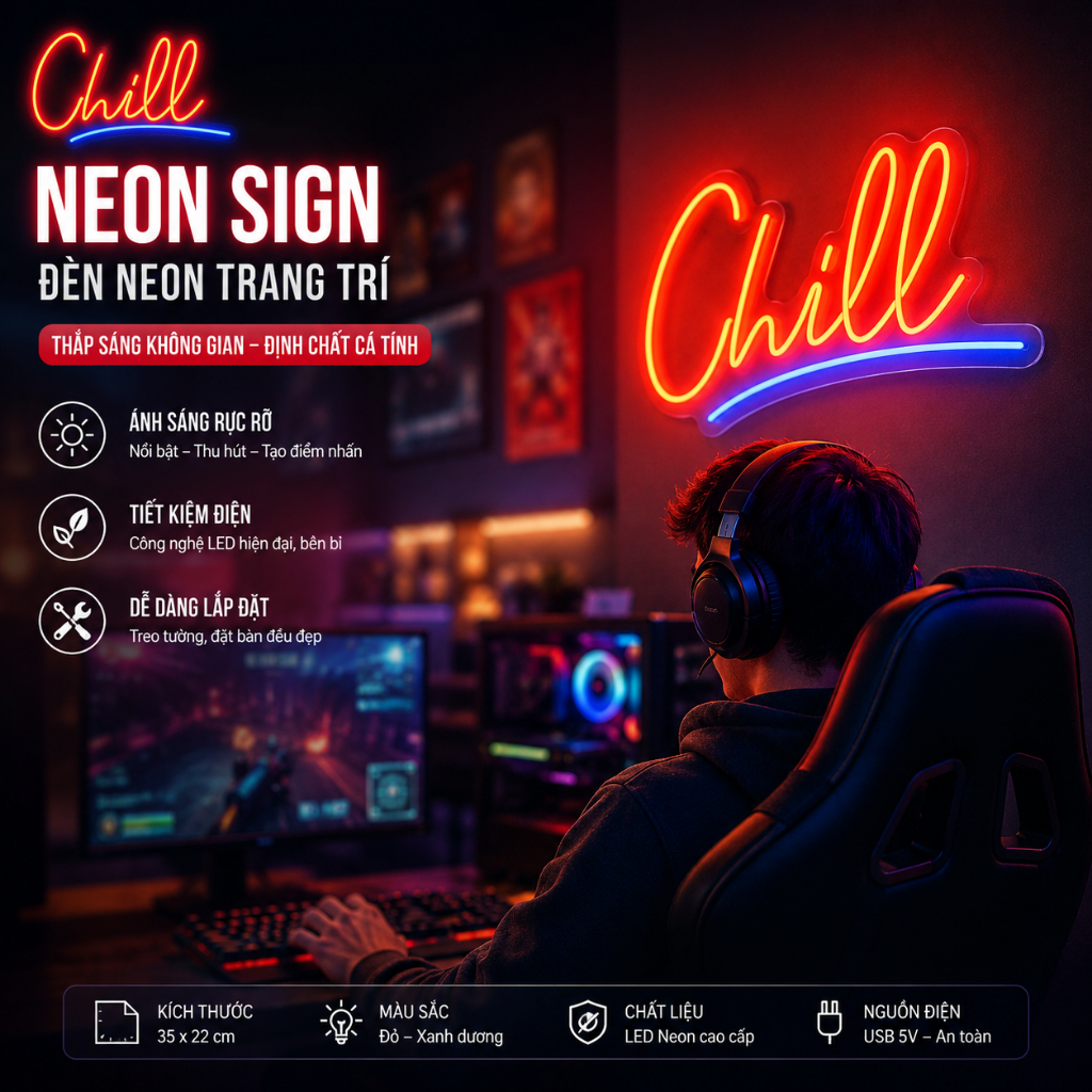 😍😍😍[Tặng kèm băng dính] Đèn led neon chữ CHILL decor gaming house, Đèn trang trí,Đèn ngủ, Decor quán