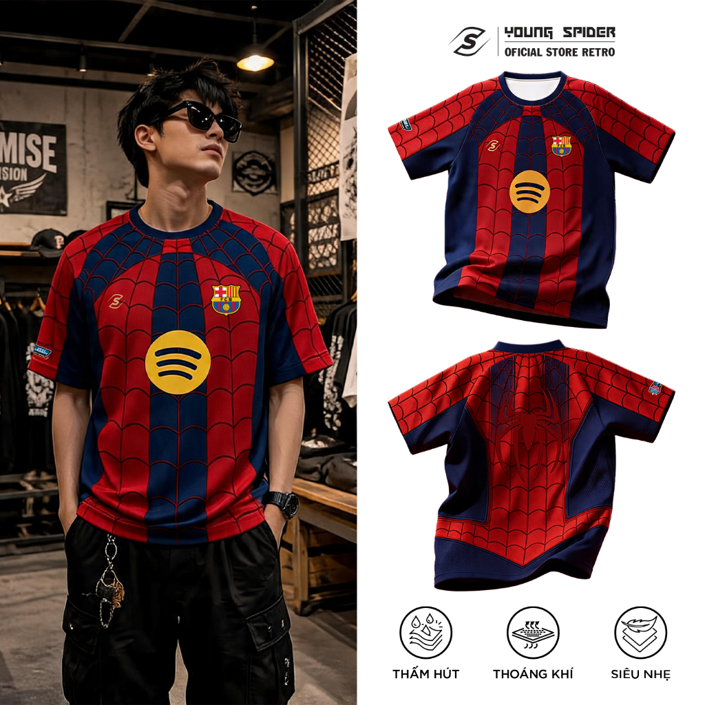 Áo Thun Jersey Barca X Spider Man Logo Ép Nổi Custom Localbrand Young Spider Vải Thun Lạnh Cao Cấp T